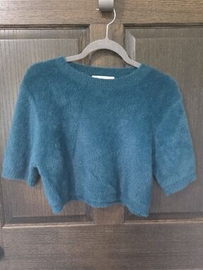Anthropologie Self Contrast Fuzzy Teal Crop Short Sleeve Sweater NWOT